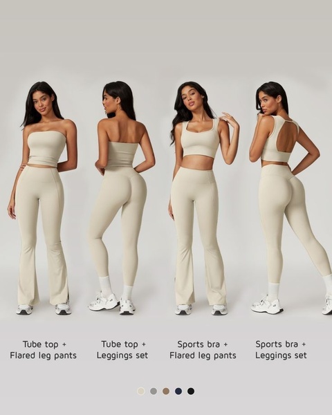 activewear set, workout set, sports bra leggings set, tube top set, flare leggings set, gym outfit set, athletic matching set, new arrival, bundle offer, minimalist, editorial, calm, fresh, neutral, pastel